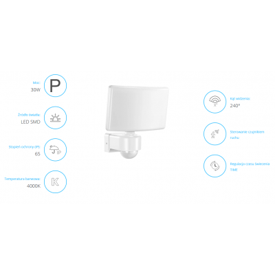 Naświetlacz ogrodowy z PIR TOS LED 30W 2200lm IP65 4000K PC biały AD-NL-6148WLR4 ORNO (AD-NL-6148WLR4)